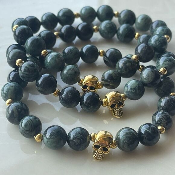 Kambaba skull crystal stone ONE NEW stretch bracelet green black handmade medita - Picture 1 of 9